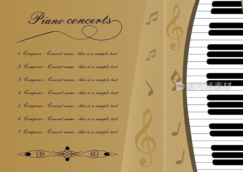 Piano concert program template with cut out of keyboard, treble clef and some notes, musical leaflet, golden background with wavy curves